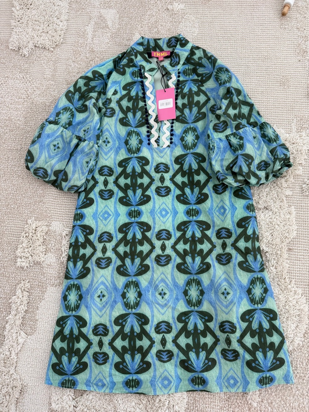 THML Green & Blue Geometric Floral Puff-Sleeve Dress